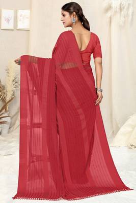 red georgette plain/zari work satin woven border ready to wear saree piece 4