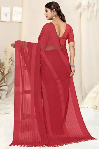 red georgette plain/zari work satin woven border ready to wear saree piece