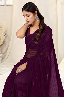 dark wine georgette plain/zari work satin woven border pre draped saree piece 1
