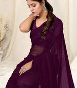 Dark wine georgette plain/zari work satin woven border ready to wear saree with unstitched blouse piece