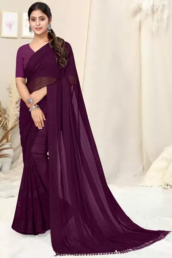 Dark wine georgette plain/zari work satin woven border ready to wear saree with unstitched blouse piece