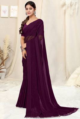 dark wine georgette plain/zari work satin woven border pre draped saree piece 3