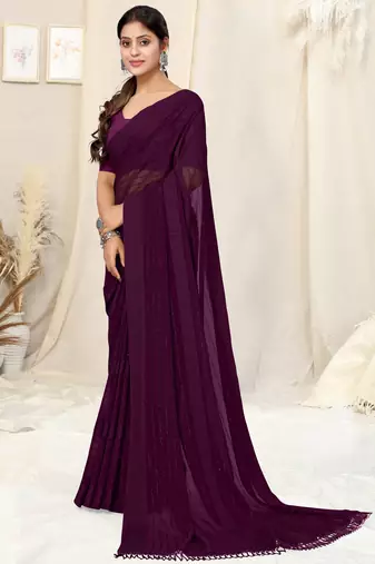 Dark wine georgette plain/zari work satin woven border ready to wear saree with unstitched blouse piece