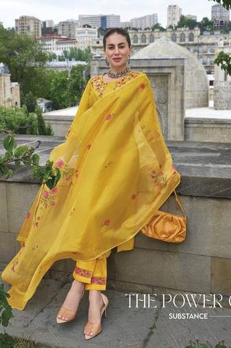  yellow viscose silk floral embroidered straight kurta with pant & dupatta