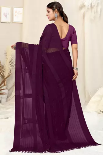 Dark wine georgette plain/zari work satin woven border ready to wear saree with unstitched blouse piece