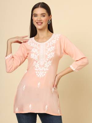Pink chikankari thread embroidery work rayon fabric formal girlie short kurti 1