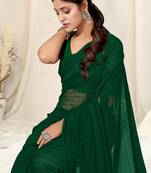 ready to wear dark green georgette plain/zari work satin woven border saree with unstitched blouse piece