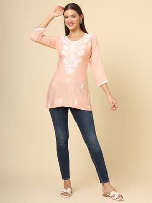 Pink chikankari thread embroidery work rayon fabric formal girlie short kurti 3