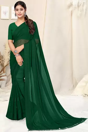 ready made dark green georgette plain/zari work satin woven border saree piece