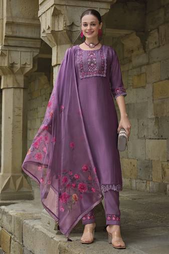 lavender viscose silk floral embroidered straight kurta with pant & dupatta
