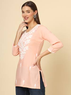 Pink chikankari thread embroidery work rayon fabric formal girlie short kurti 4