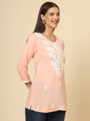 Pink chikankari thread embroidery work rayon fabric formal girlie short kurti 5