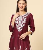 Wine chikankari thread embroidery work rayon fabric formal girlie short kurti