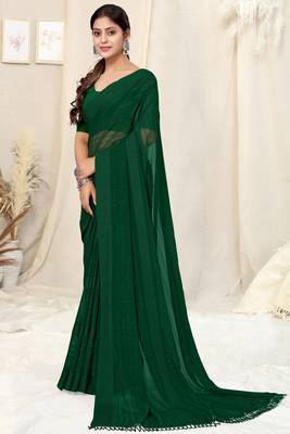 ready made dark green georgette plain/zari work satin woven border saree piece 3