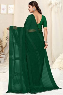 ready made dark green georgette plain/zari work satin woven border saree piece 4