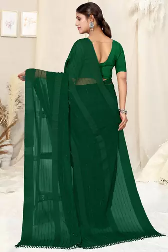 ready made dark green georgette plain/zari work satin woven border saree piece
