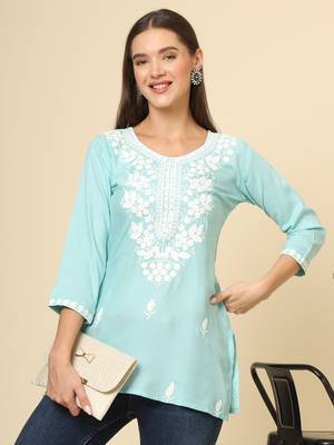 Sky blue chikankari thread embroidery work rayon fabric formal girlie short kurti 1