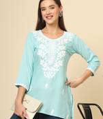 Sky blue chikankari thread embroidery work rayon fabric formal girlie short kurti
