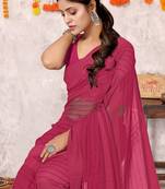 Rani pink georgette plain/zari work satin woven border ready to wear saree with unstitched blouse piece