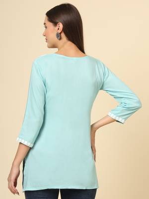 Sky blue chikankari thread embroidery work rayon fabric formal girlie short kurti 2