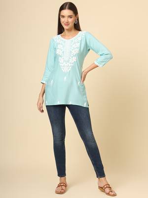 Sky blue chikankari thread embroidery work rayon fabric formal girlie short kurti 3