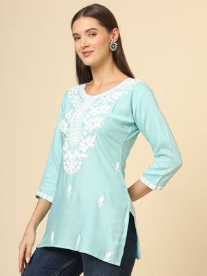 Sky blue chikankari thread embroidery work rayon fabric formal girlie short kurti 4