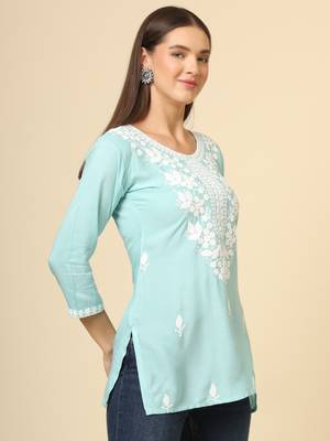 Sky blue chikankari thread embroidery work rayon fabric formal girlie short kurti 5