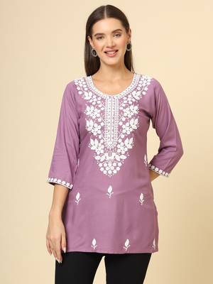 Purple chikankari thread embroidery work rayon fabric formal girlie short kurti 1