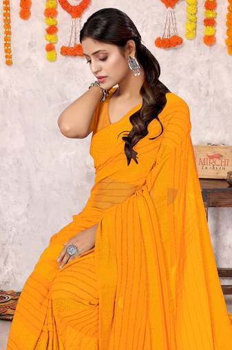 Yellow georgette plain/zari work satin woven border ready to wear saree with unstitched blouse piece
