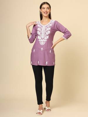 Purple chikankari thread embroidery work rayon fabric formal girlie short kurti 3