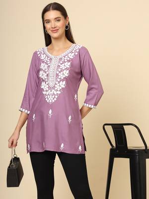 Purple chikankari thread embroidery work rayon fabric formal girlie short kurti 4