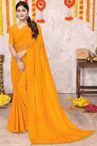 pre draped yellow georgette plain/zari work satin woven border saree piece