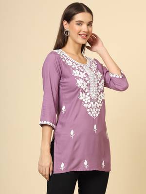Purple chikankari thread embroidery work rayon fabric formal girlie short kurti 5