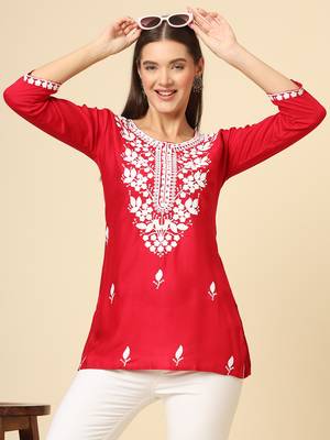 Red chikankari thread embroidery work rayon fabric formal girlie short kurti 1