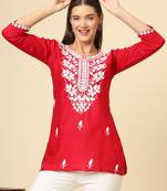 Red chikankari thread embroidery work rayon fabric formal girlie short kurti