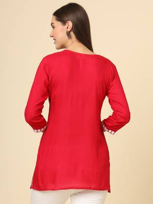 Red chikankari thread embroidery work rayon fabric formal girlie short kurti 2