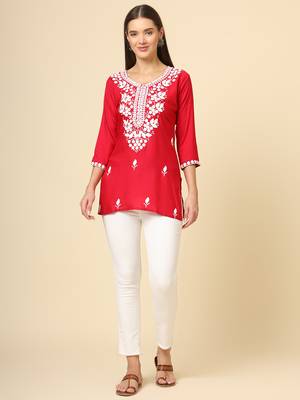Red chikankari thread embroidery work rayon fabric formal girlie short kurti 3