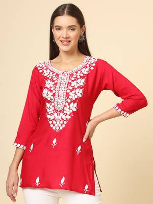 Red chikankari thread embroidery work rayon fabric formal girlie short kurti 4