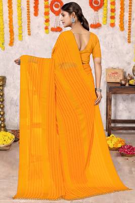 pre draped yellow georgette plain/zari work satin woven border saree piece 4