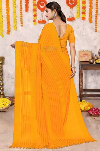 pre draped yellow georgette plain/zari work satin woven border saree piece