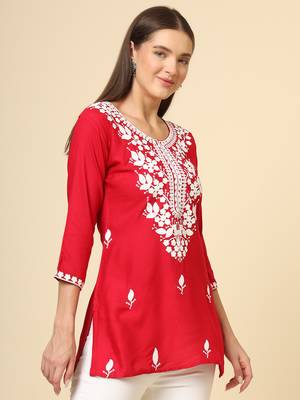 Red chikankari thread embroidery work rayon fabric formal girlie short kurti 5