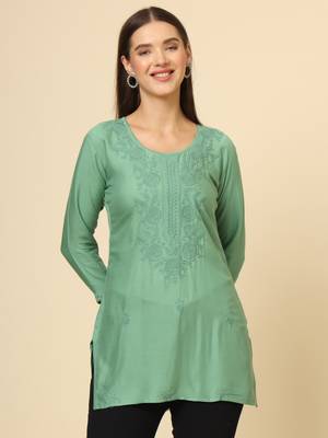 Green colour ethnic luckhnowi chikankari embroidery work rayon fabric formal casual girlie short kurti 1