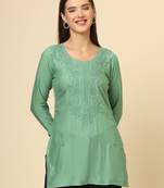 Green colour ethnic luckhnowi chikankari embroidery work rayon fabric formal casual girlie short kurti