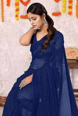 navy blue georgette plain/zari work satin woven border ready made saree piece 1