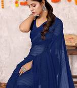 Navy blue georgette plain/zari work satin woven border ready to wear saree with unstitched blouse piece