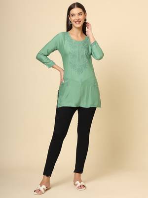 Green colour ethnic luckhnowi chikankari embroidery work rayon fabric formal casual girlie short kurti 2