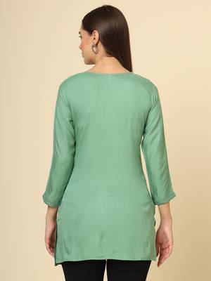 Green colour ethnic luckhnowi chikankari embroidery work rayon fabric formal casual girlie short kurti 3