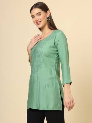 Green colour ethnic luckhnowi chikankari embroidery work rayon fabric formal casual girlie short kurti 4