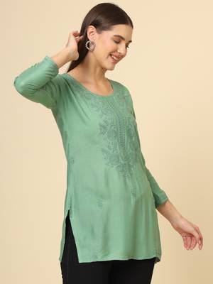 Green colour ethnic luckhnowi chikankari embroidery work rayon fabric formal casual girlie short kurti 5