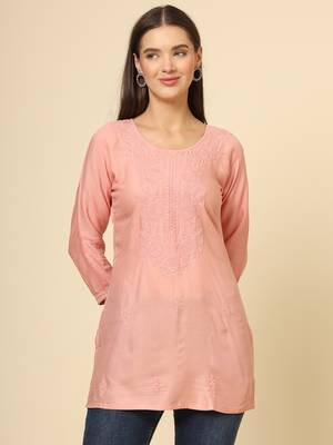 Peach colour ethnic luckhnowi chikankari embroidery work rayon fabric formal casual girlie short kurti 1